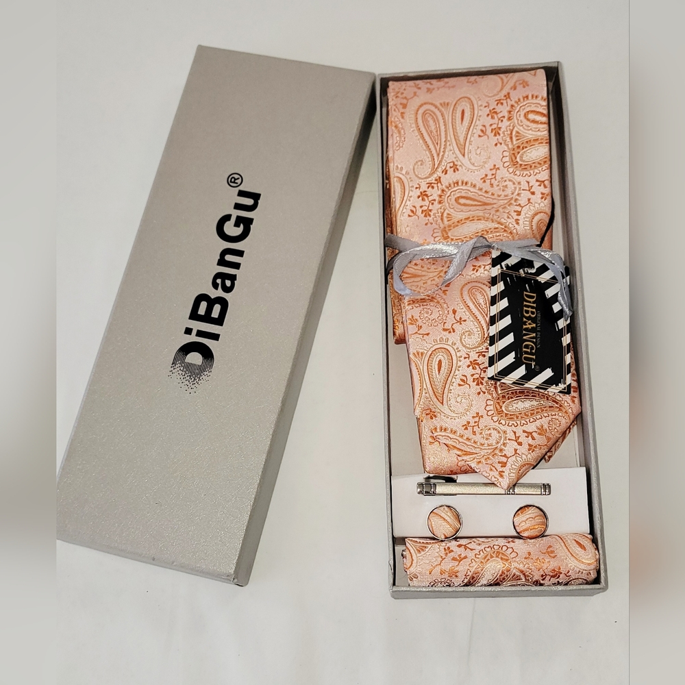 DibanGu Men's Peach Paisley Tie Set